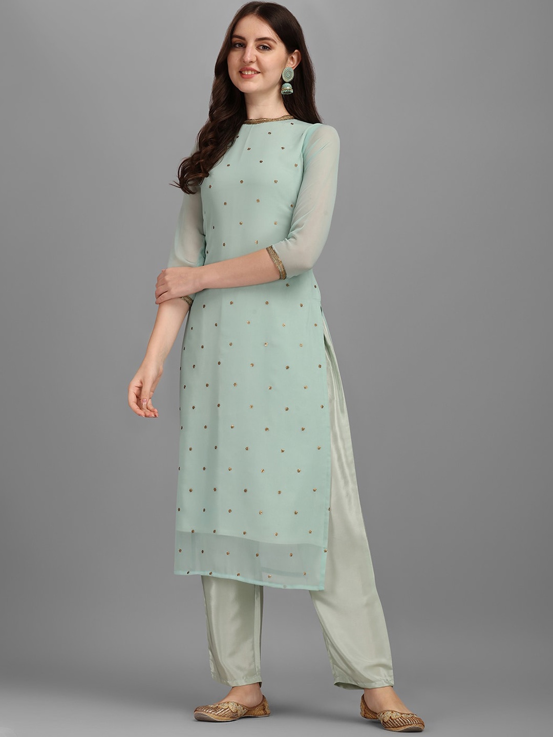 

KALINI Sequin Embellished Straight Kurta with Trousers, Turquoise blue