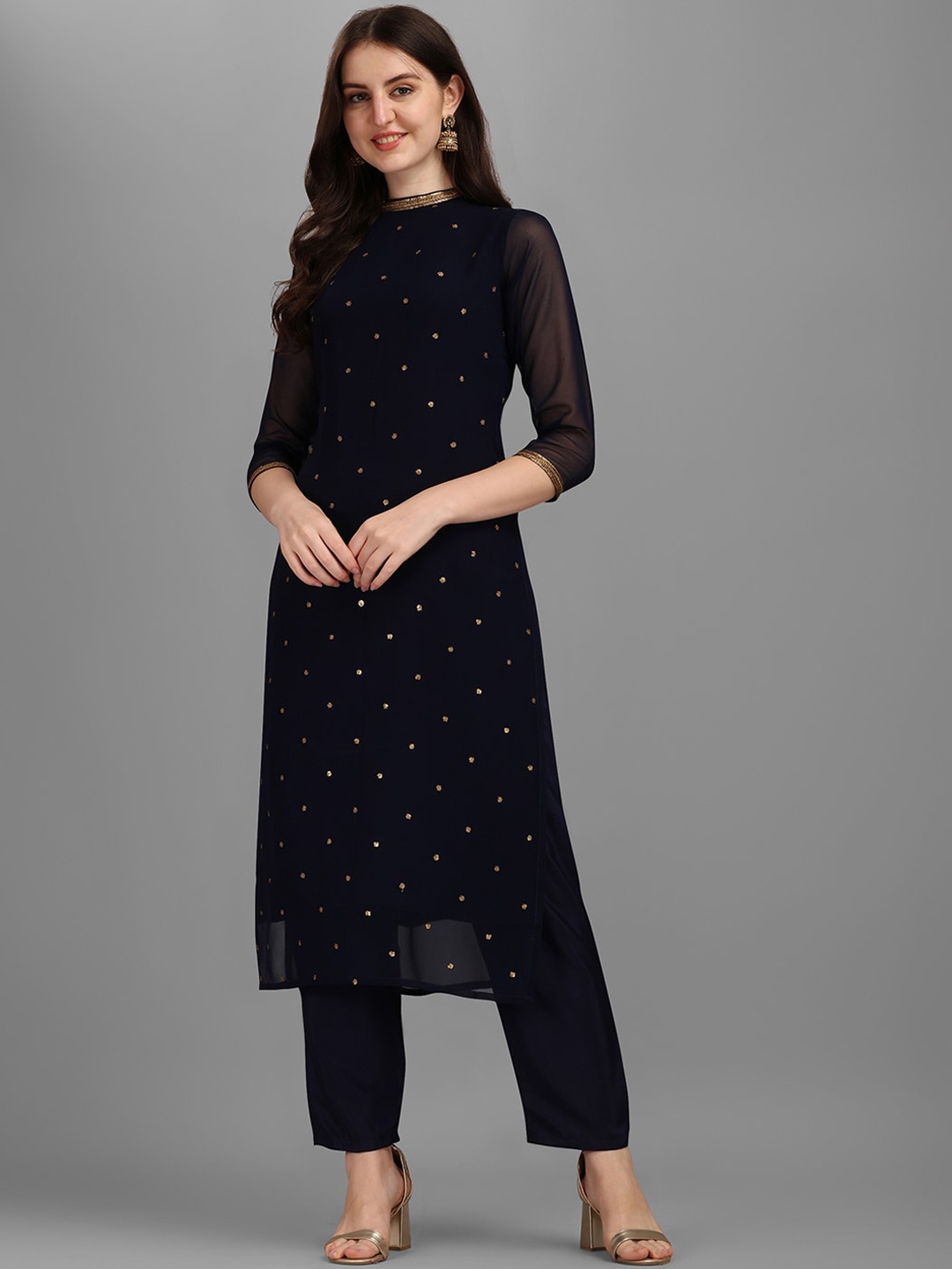KALINI Sequin Embellished Straight Kurta with Trousers, Navy blue