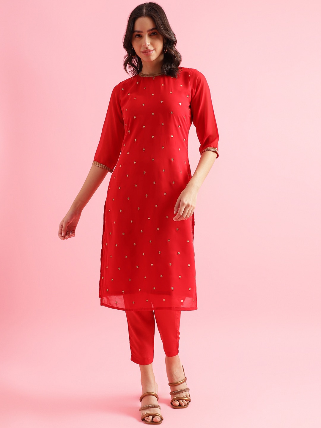

KALINI Floral Embroidered Kurta With Trouser, Red