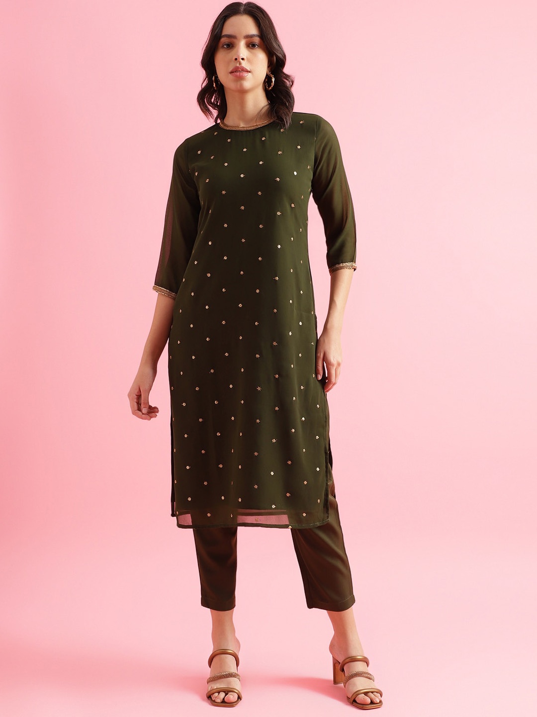 

KALINI Floral Embroidered Sequinned Straight Kurta With Trousers, Olive