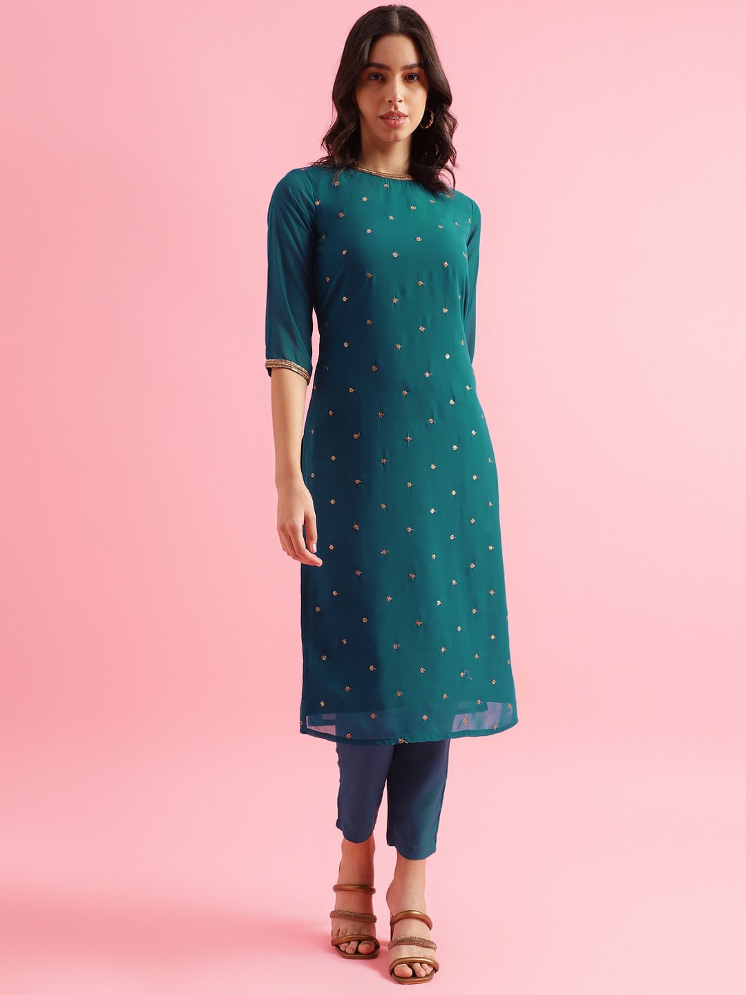 

KALINI Floral Embroidered Sequinned Straight Kurta With Trousers, Teal