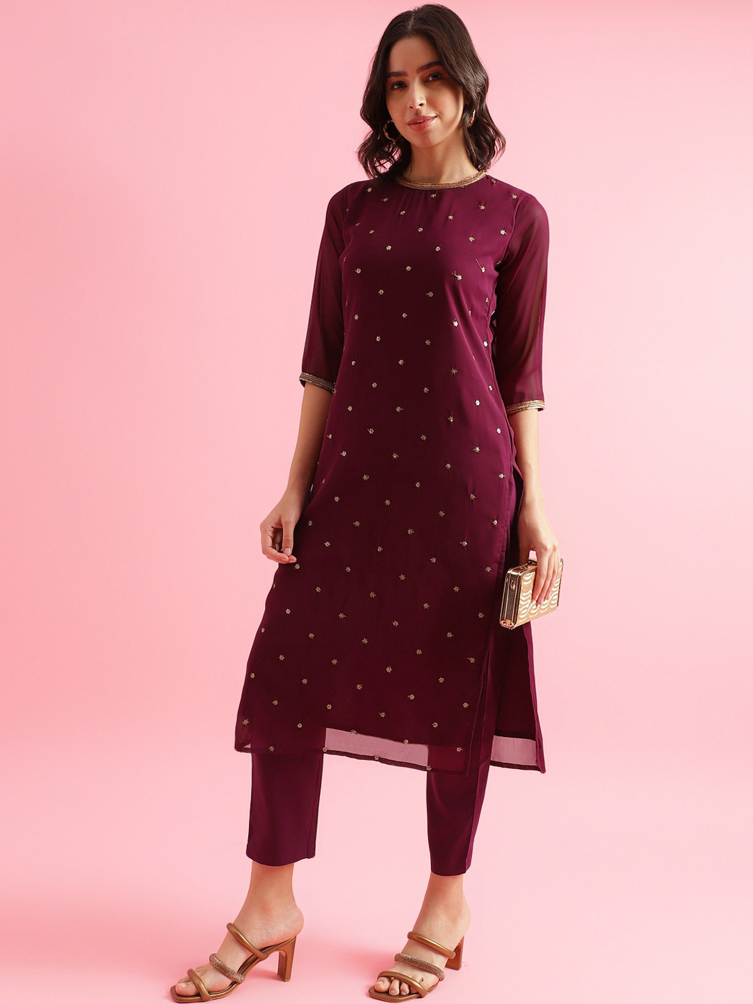 

KALINI Ethnic Motifs Embellished Straight Kurta with Trousers, Purple