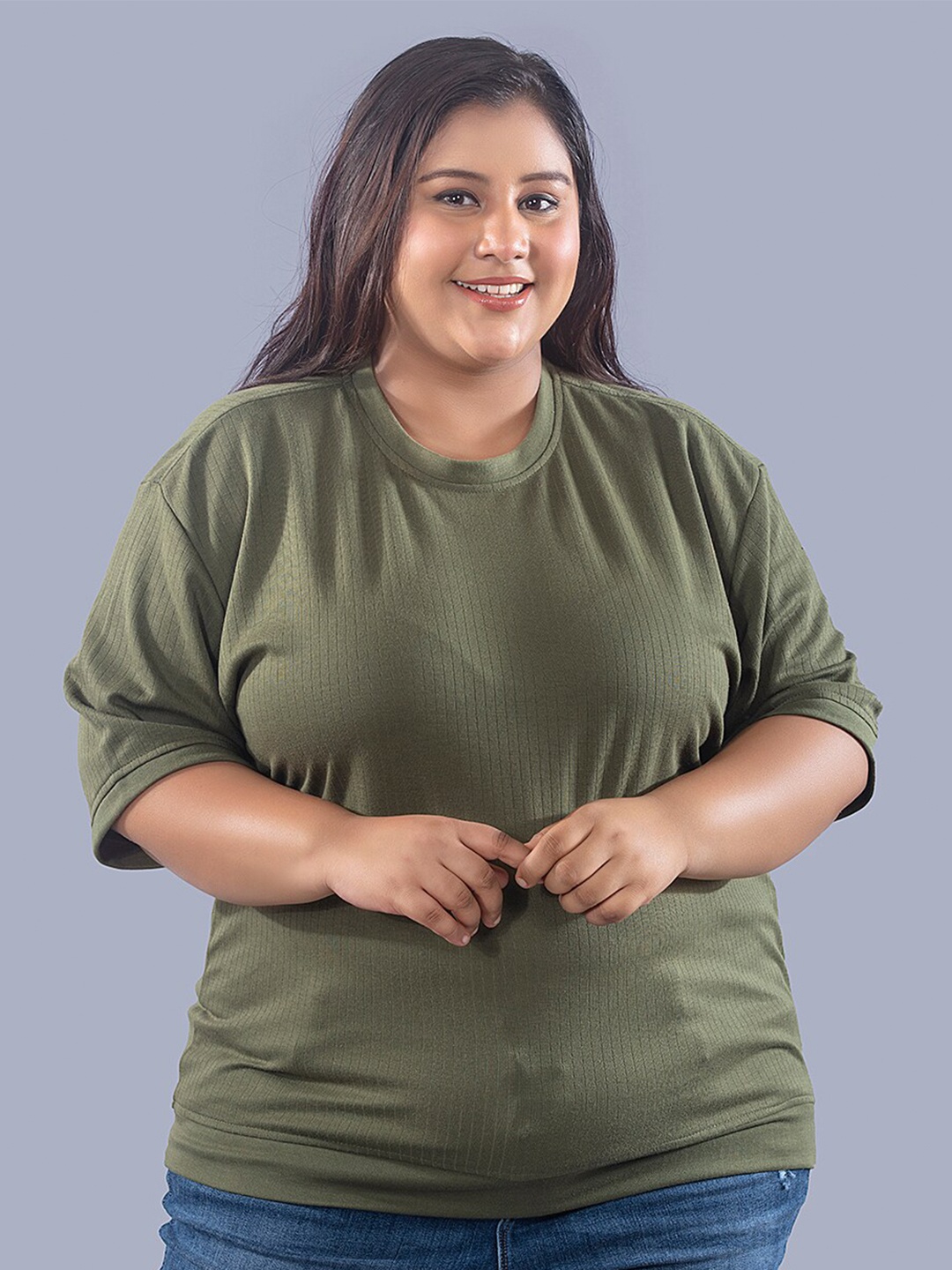 

CUPID Plus Size Relaxed Fit Round Neck Drop-Shoulder Sleeves Cotton T-shirt, Olive