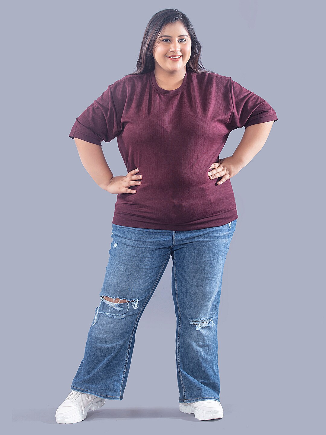 

CUPID Plus Size Relaxed Fit Round Neck Drop-Shoulder Sleeves Cotton T-shirt, Maroon