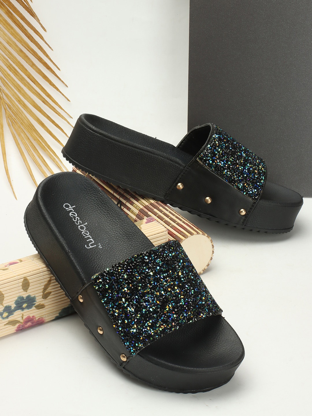 

DressBerry Black Embellished Open Toe Flatform Heels