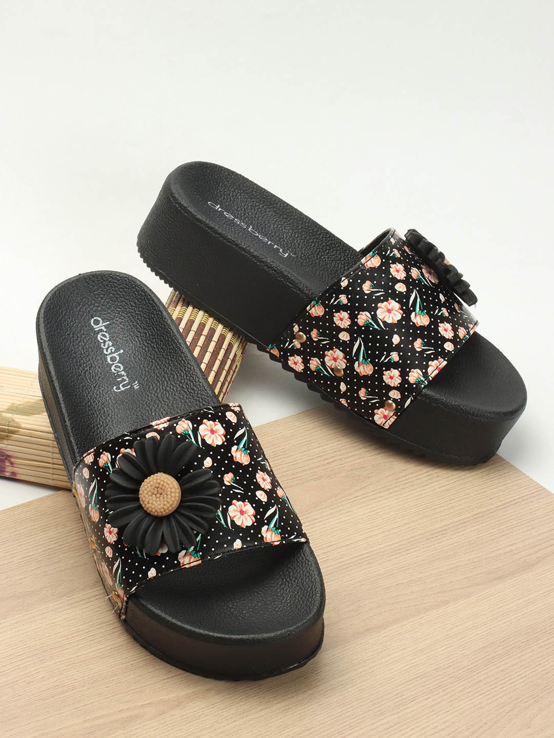 

DressBerry Black Printed Open Toe Flatform Heels