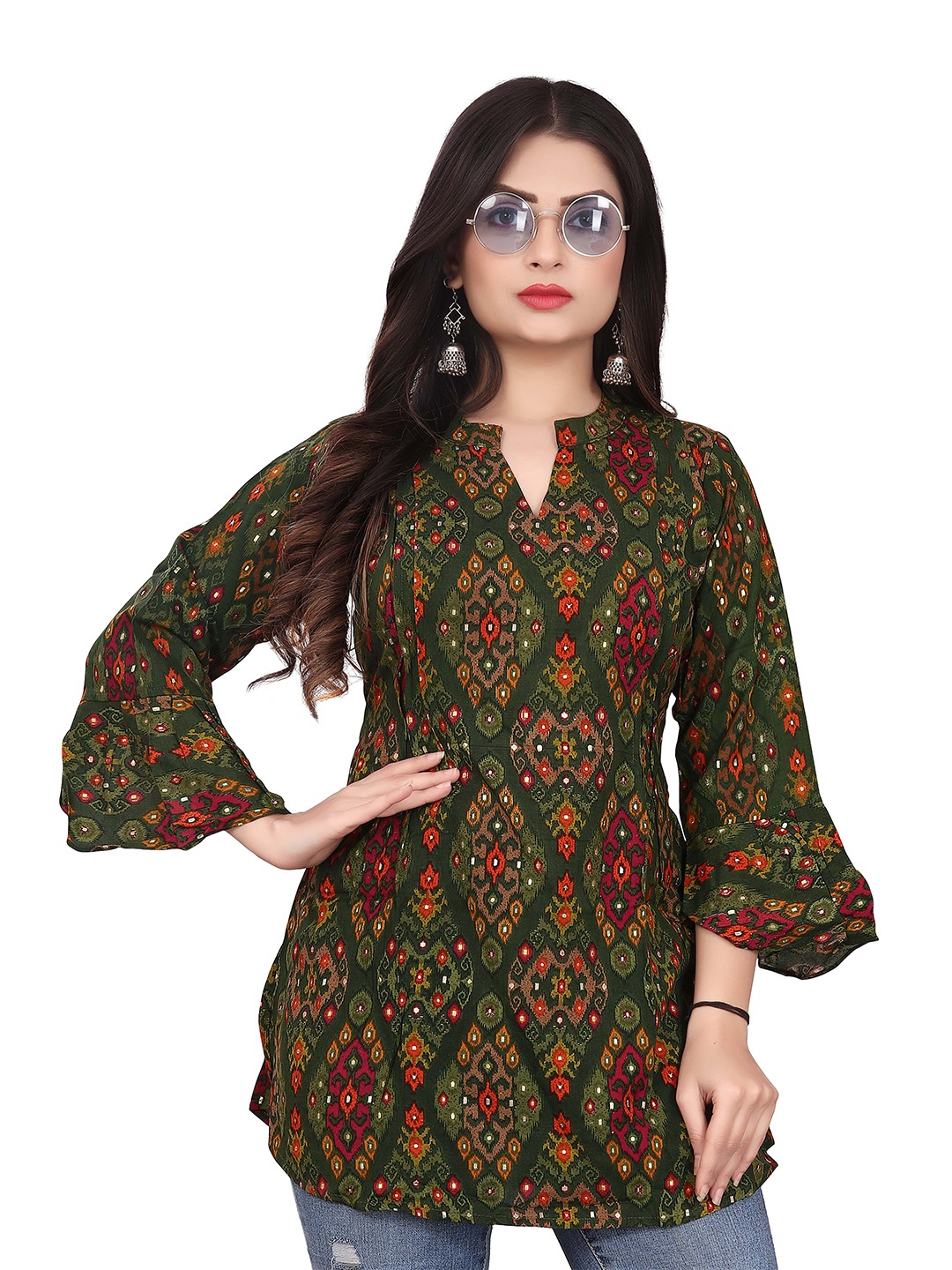 

PRANSHUL APPARELS Ethnic Motifs Printed Mandarin Collar Bell Sleeves Longline Top, Olive