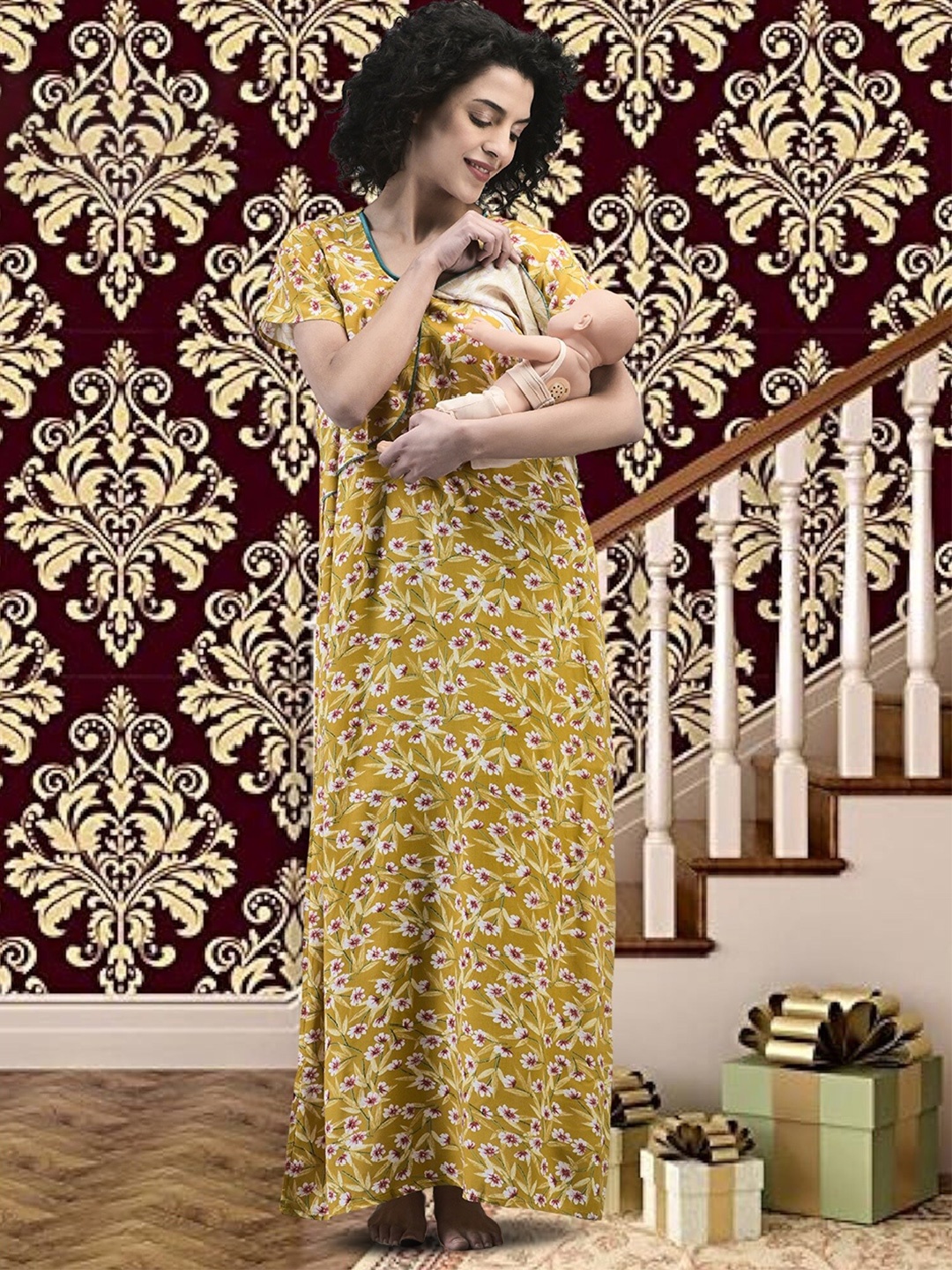 

Noty Floral Printed Maternity Feeding Maxi Nightdress, Yellow