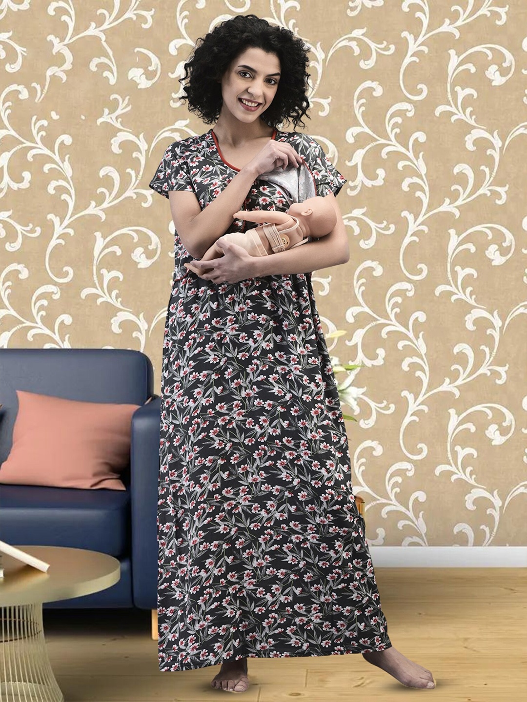 

Noty Floral Printed Maternity Feeding Maxi Nightdress, Grey