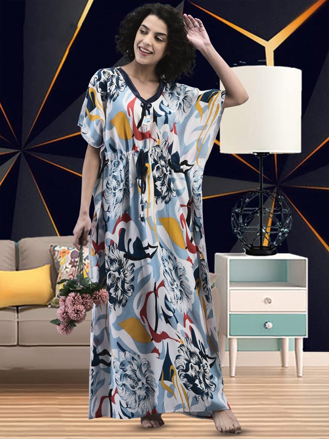

Noty Floral Printed Maxi Kaftan Nightdress, Blue