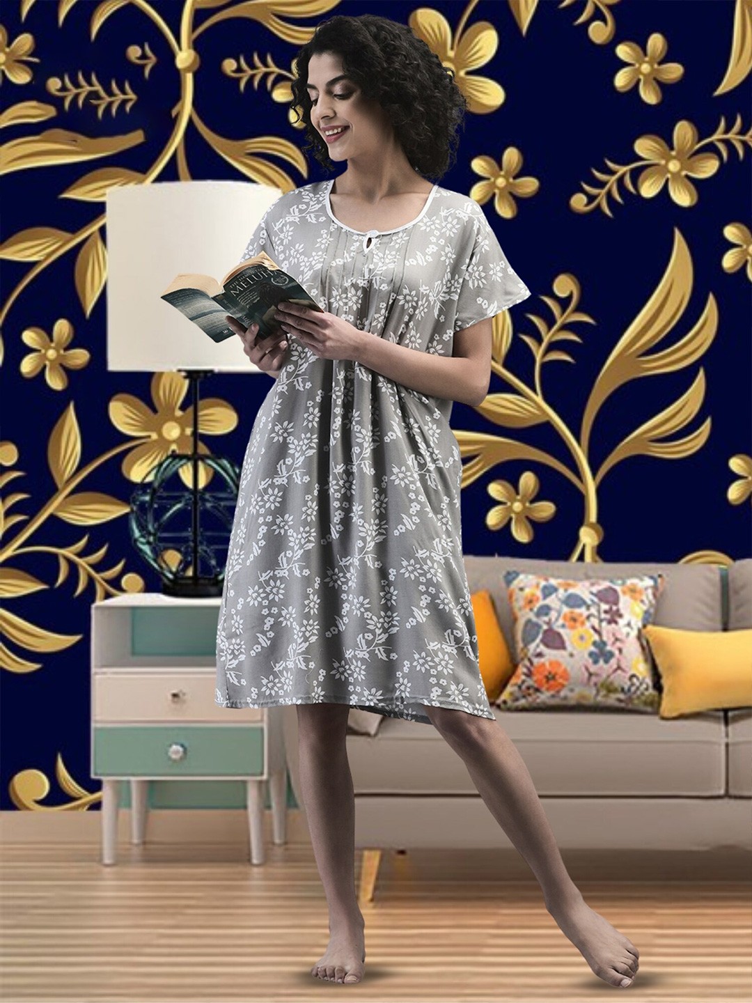 

Noty Floral Printed Nightdress, Grey