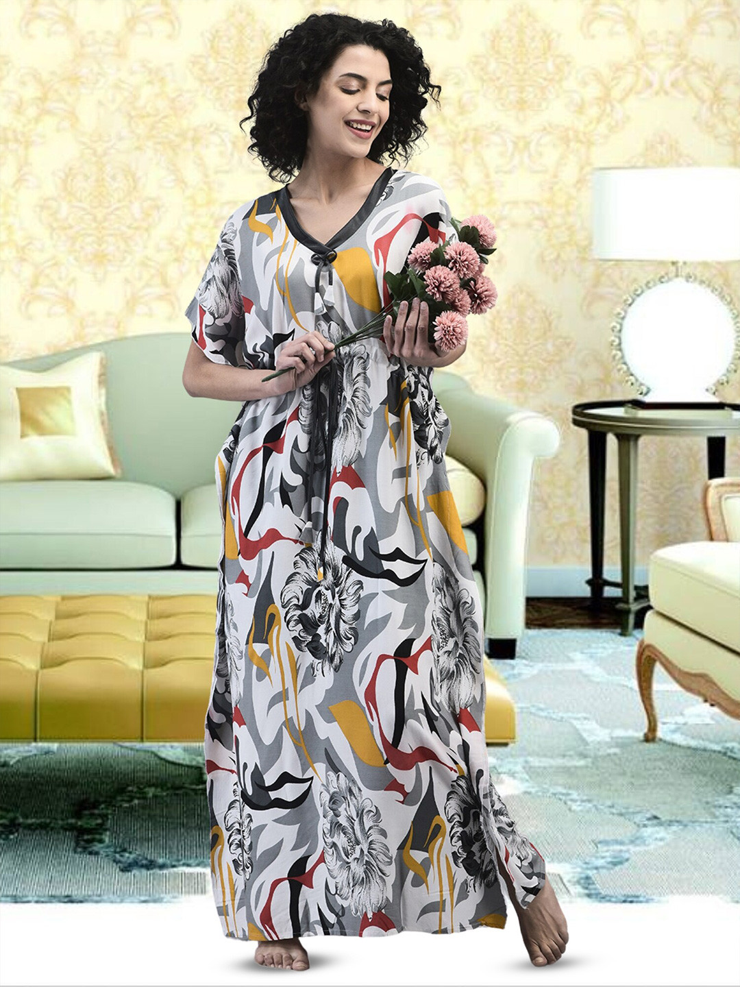 

Noty Floral Printed Maxi Kaftan Nightdress, Grey