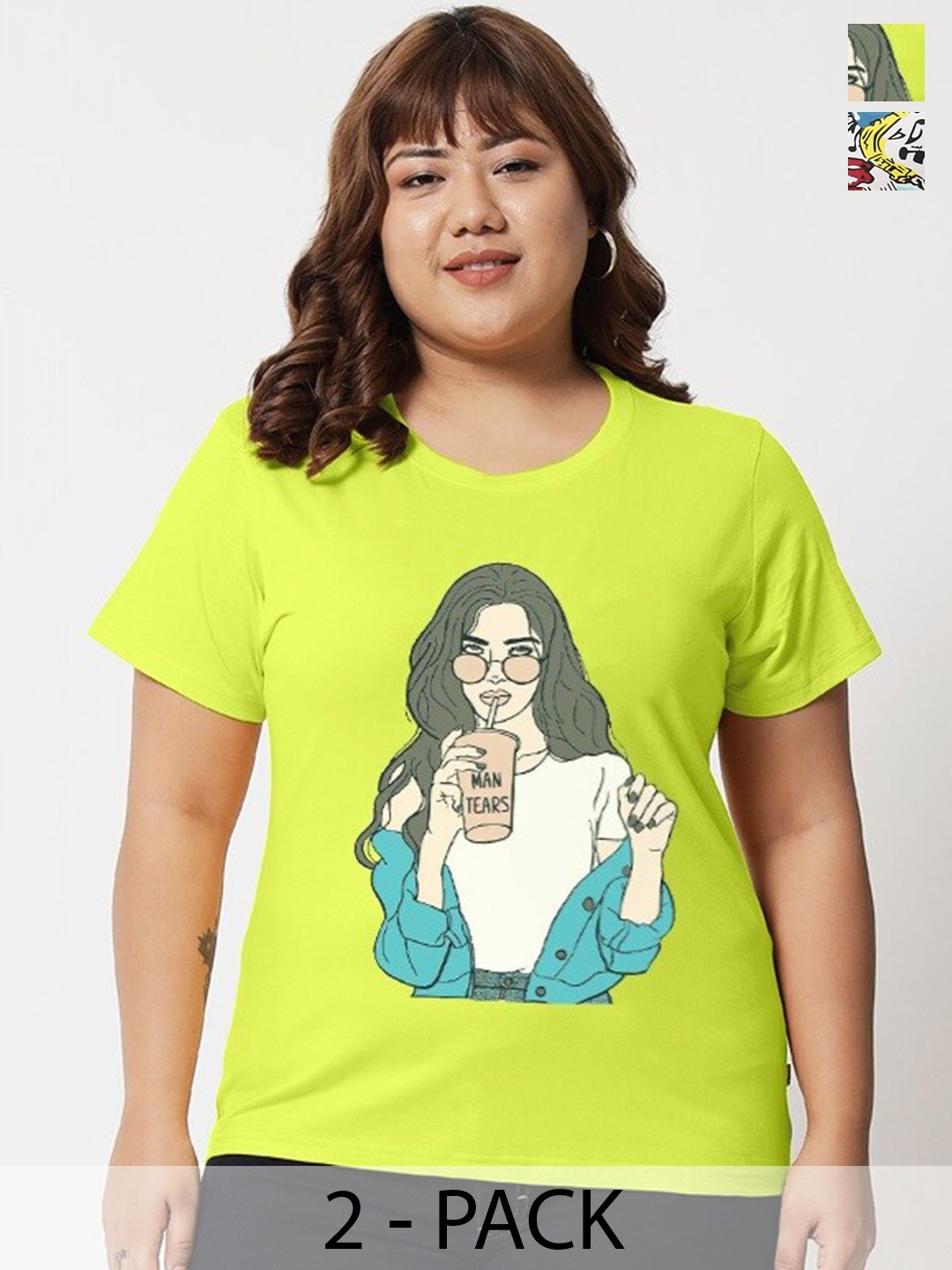 

BEYOUND SIZE - THE DRY STATE Pack Of 2 Printed Cotton Applique Plus size Casual T-shirts, Yellow
