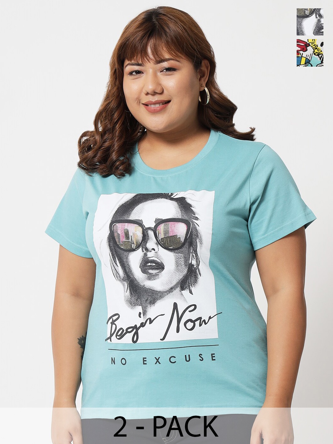 

BEYOUND SIZE - THE DRY STATE Plus Size Pack Of 2 Printed Cotton T-shirt, Green