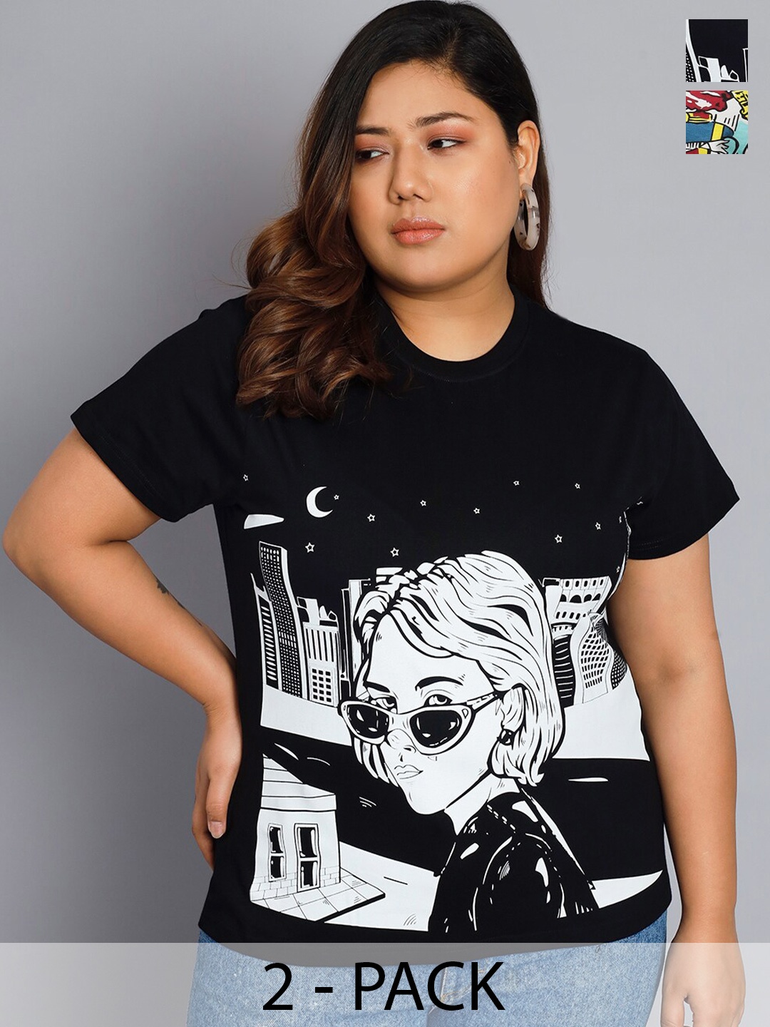 

BEYOUND SIZE - THE DRY STATE Plus Size Pack Of 2 Printed Cotton T-shirt, Black