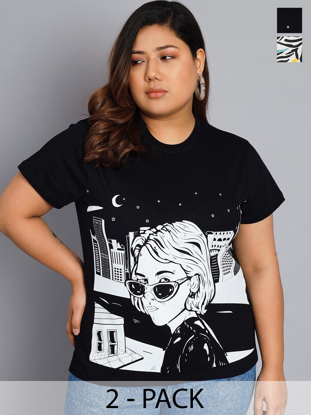 

BEYOUND SIZE - THE DRY STATE Plus Size Pack Of 2 Printed Cotton T-shirt, Black