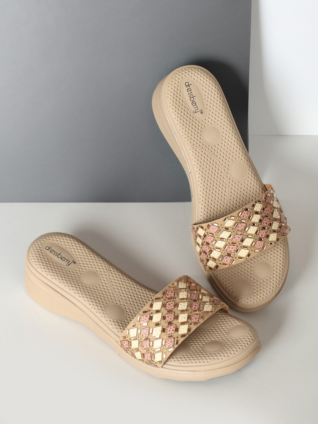 

DressBerry Beige Embellished Open Toe Comfort Heels