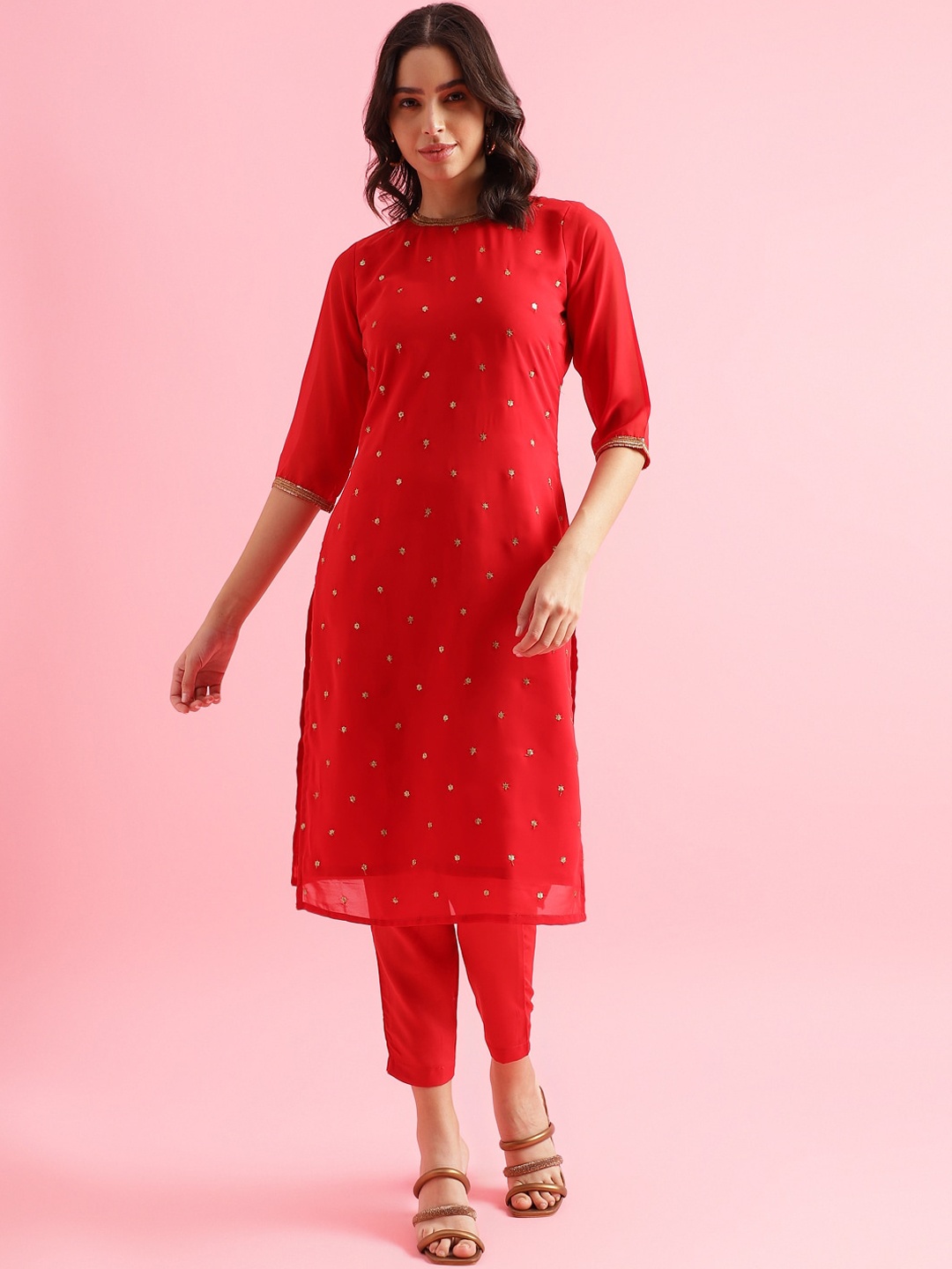

KALINI Floral Embroidered Sequinned Kurta With Trouser, Red