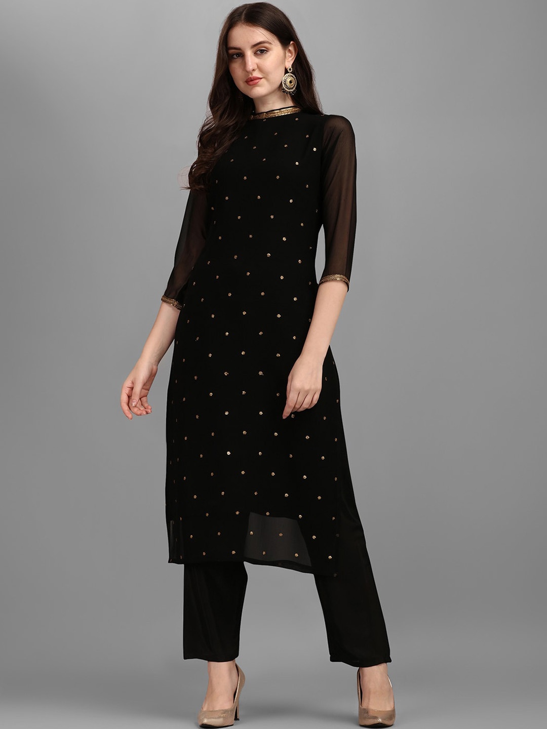 

KALINI Sequin Embellished Straight Kurta with Trousers, Black
