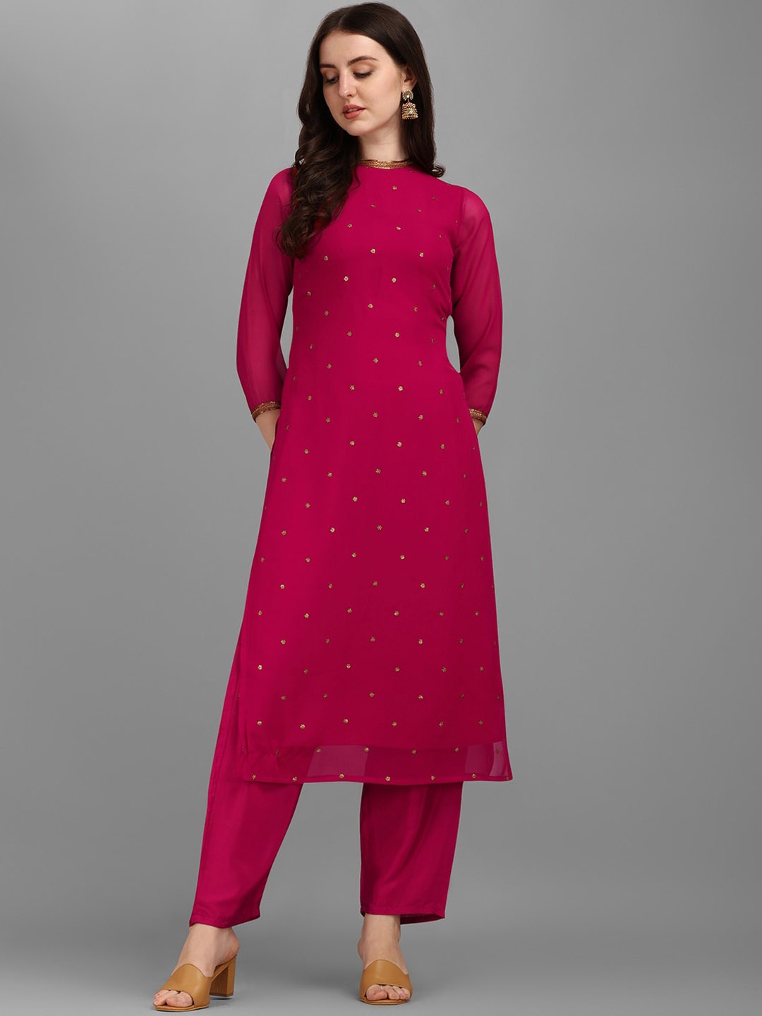 

KALINI Ethnic Motifs Embellished Straight Sequinned Kurta with Trousers, Magenta