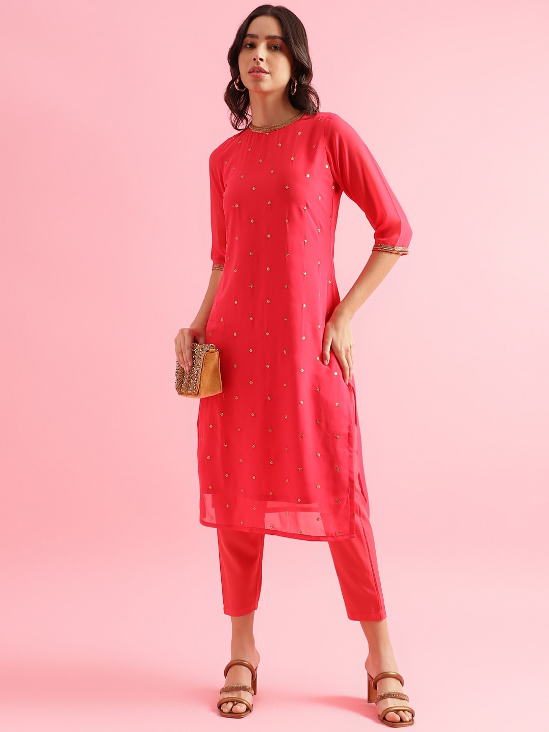 

KALINI Floral Embroidered Sequinned Kurta With Trousers, Peach