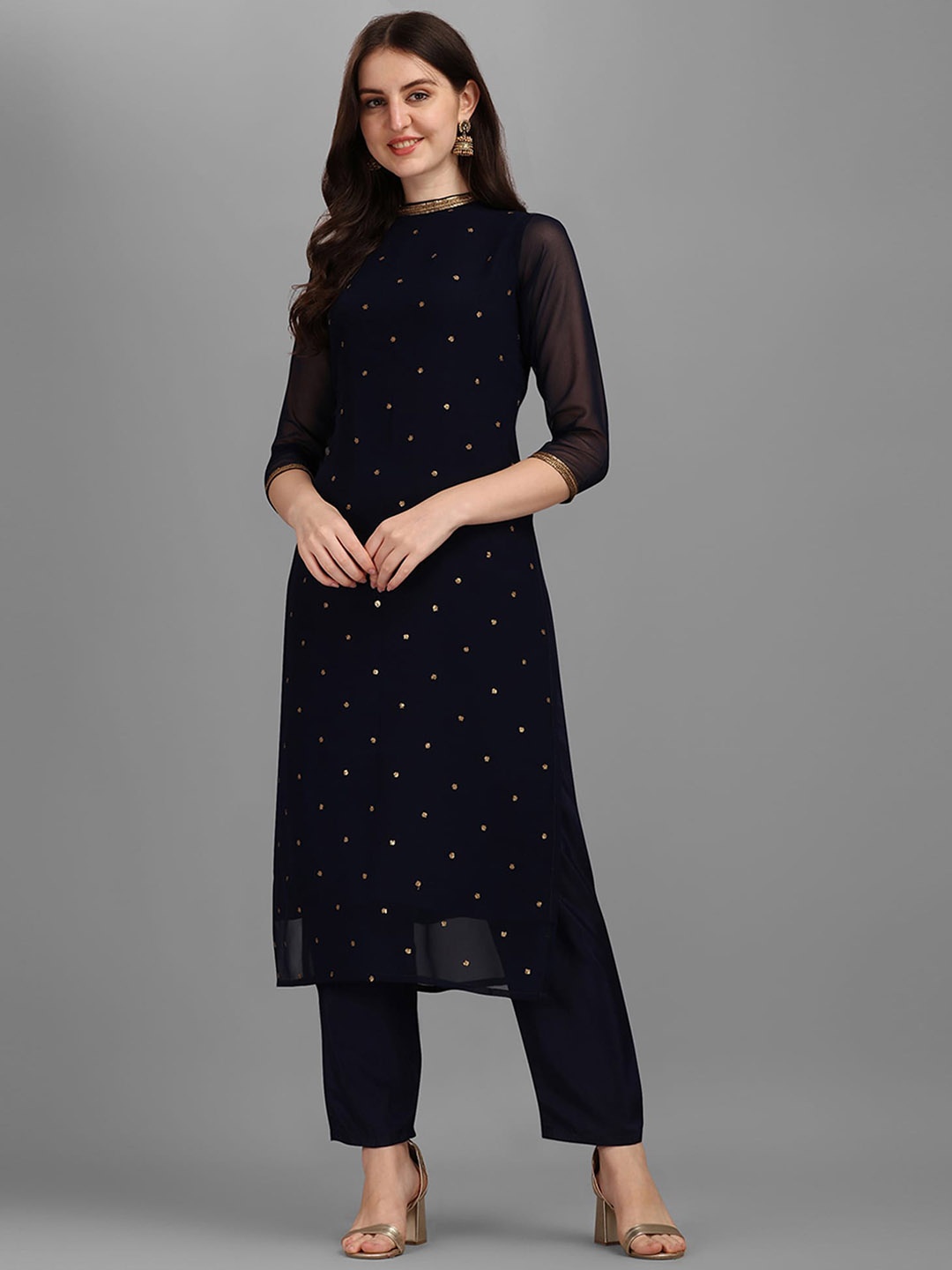

KALINI Sequin Embellished Straight Kurta with Trousers, Navy blue
