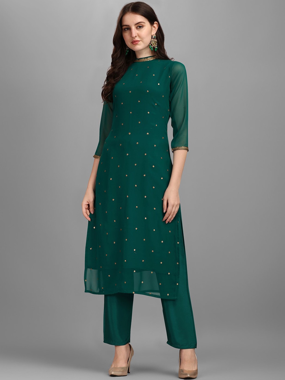 

KALINI Floral Embroidered Sequinned Straight Kurta With Trousers, Green