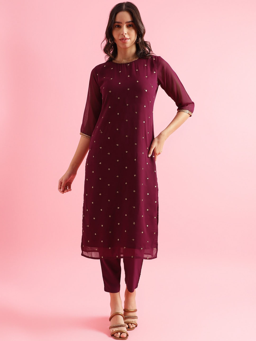 

KALINI Floral Embroidered Thread Work Kurta with Trousers, Purple