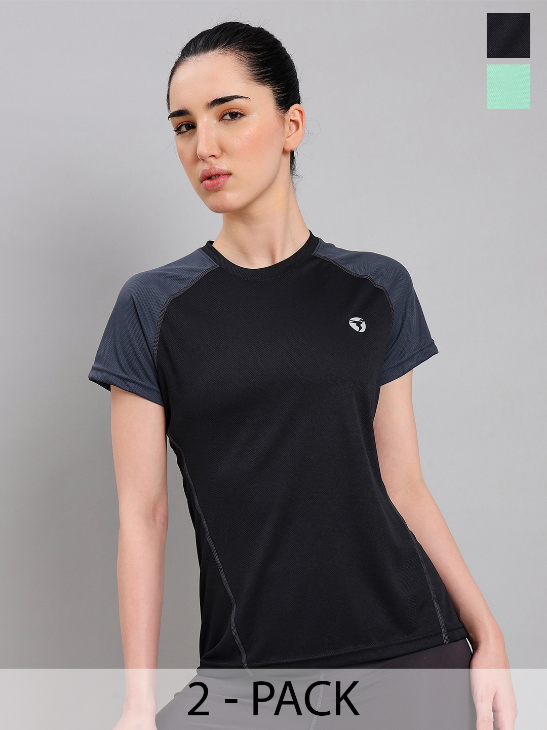 

Technosport Pack of 2 Colourblocked Antimicrobial Slim Fit Short Length T-shirts, Black