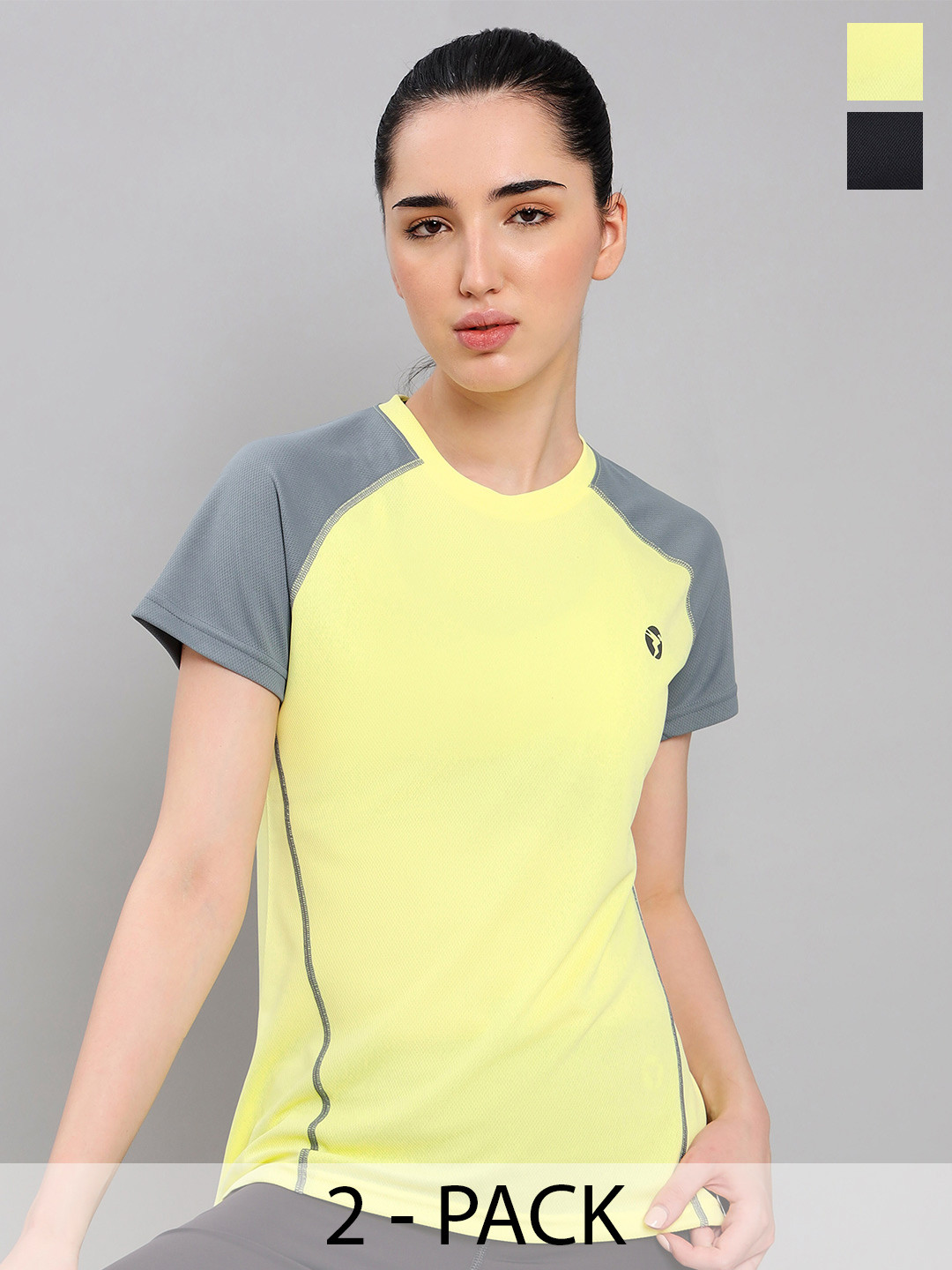 

Technosport Pack of 2 Colourblocked Antimicrobial Slim Fit Short Length T-shirts, Yellow