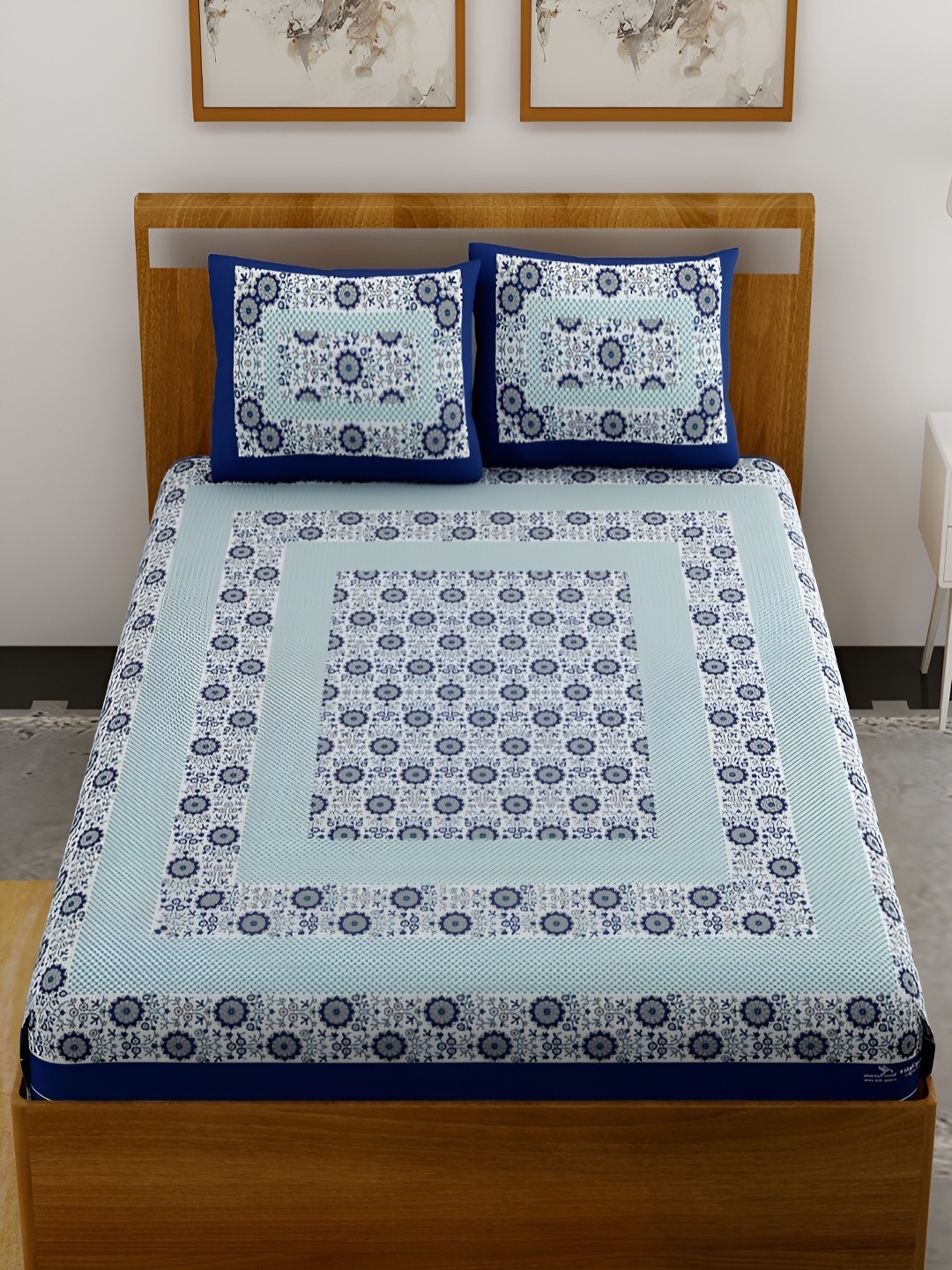 

UNIQCHOICE Blue & White Floral Printed Cotton 120 TC Queen Bedsheet With 2 Pillow Covers