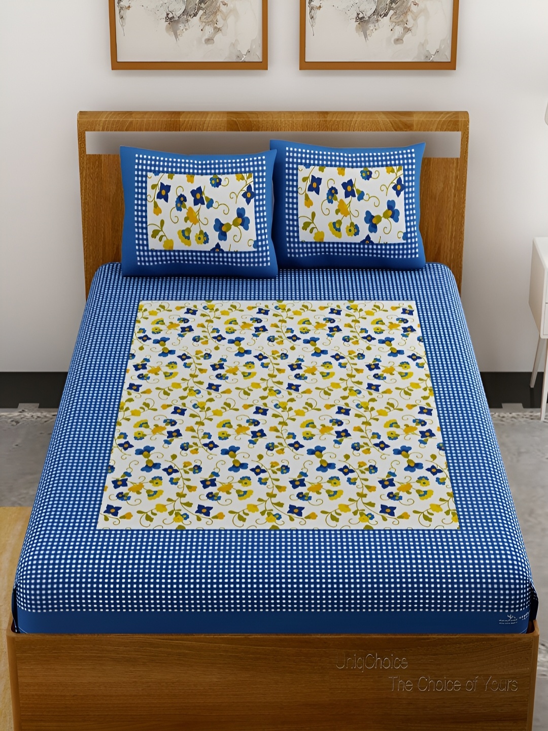 

UNIQCHOICE Blue & White Floral Printed Cotton 120 TC Queen Bedsheet With 2 Pillow Covers