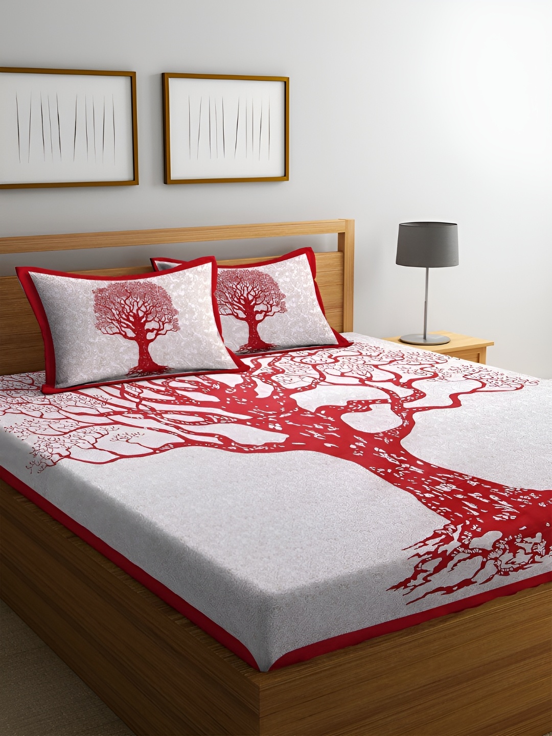 

UNIQCHOICE Red & White Floral Printed Cotton 120 TC Queen Bedsheet With 2 Pillow Covers