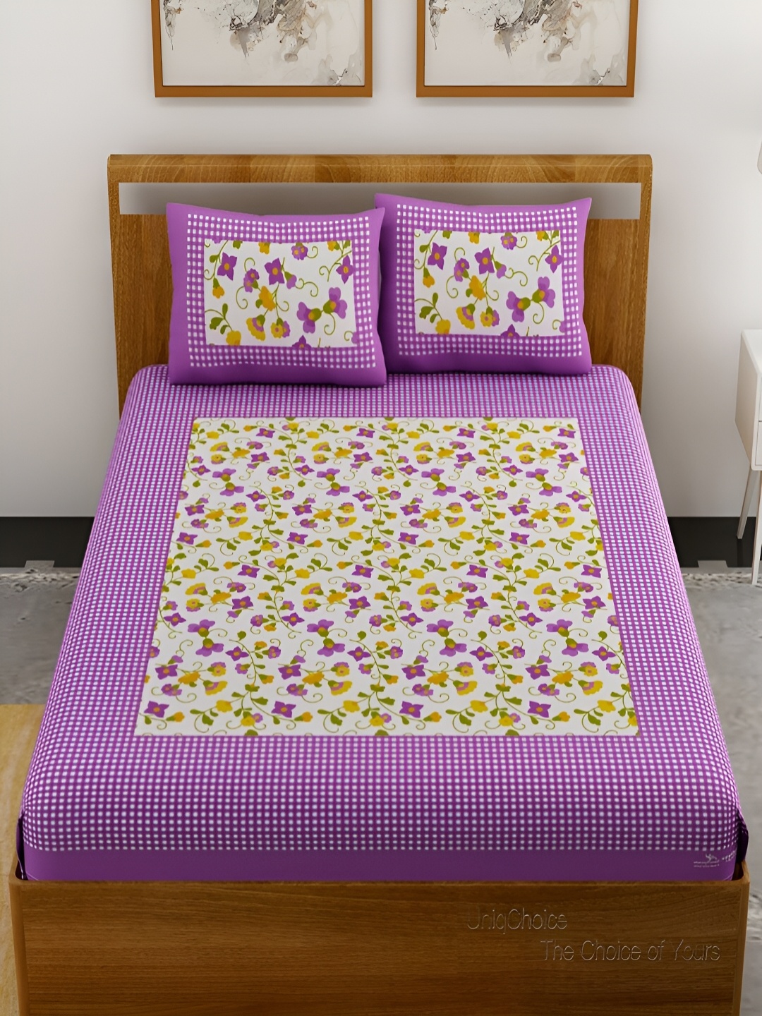 

UNIQCHOICE Purple & White Floral Printed Cotton 120 TC Queen Bedsheet With 2 Pillow Covers