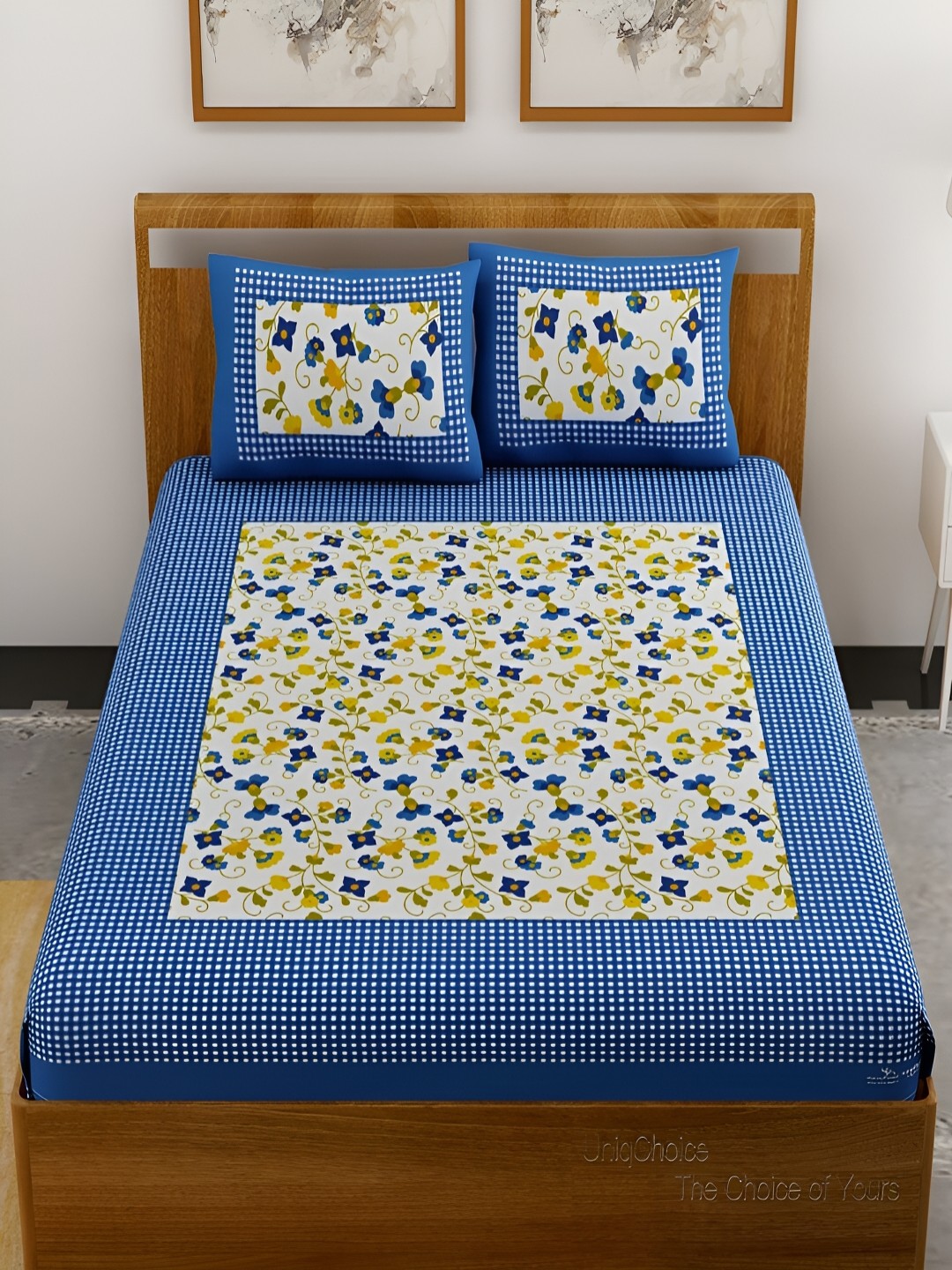 

UNIQCHOICE Blue & White Floral Printed Cotton 120 TC Queen Bedsheet With 2 Pillow Covers