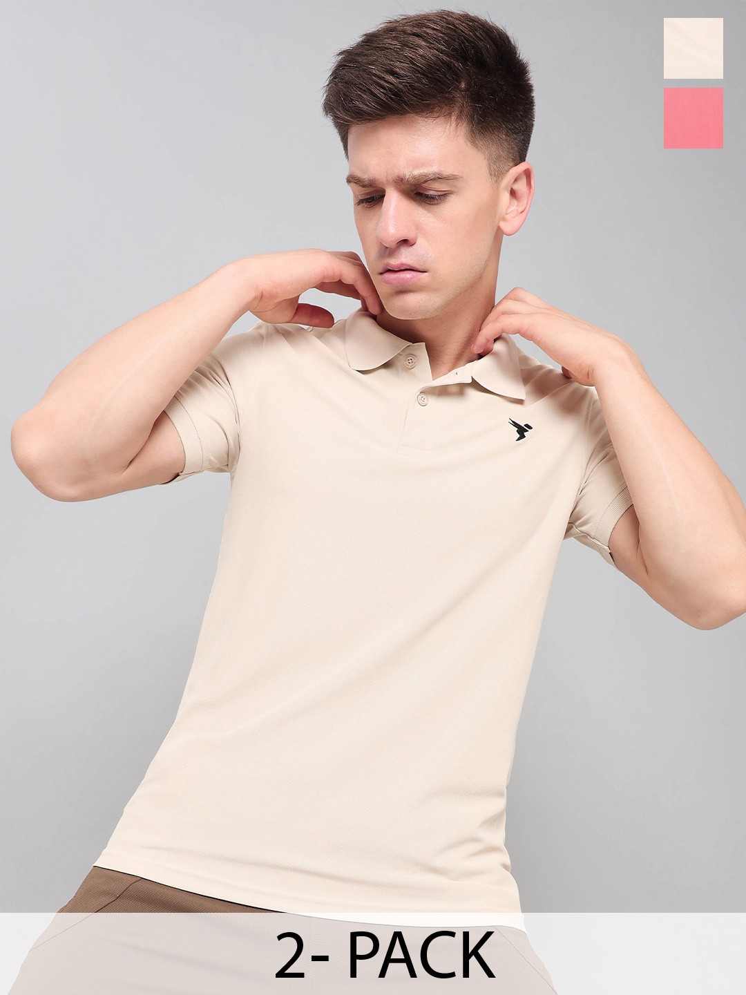 

Technosport Pack of 2 Polo Collar Antimicrobial Slim Fit Sports T-shirts, Beige