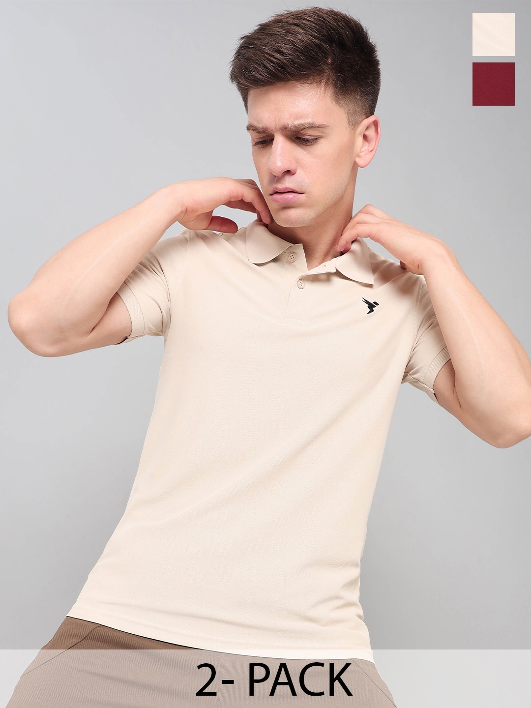 

Technosport Pack of 2 Polo Collar Antimicrobial Slim Fit Sports T-shirts, Beige