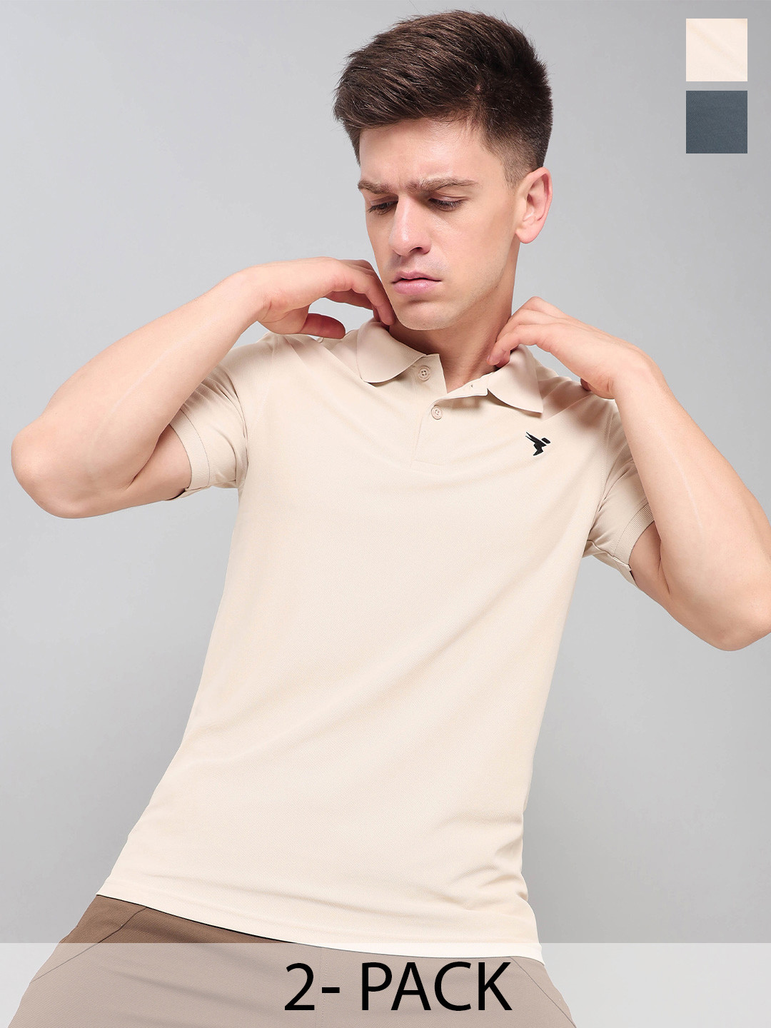 

Technosport Pack of 2 Polo Collar Antimicrobial Slim Fit Sports T-shirts, Beige