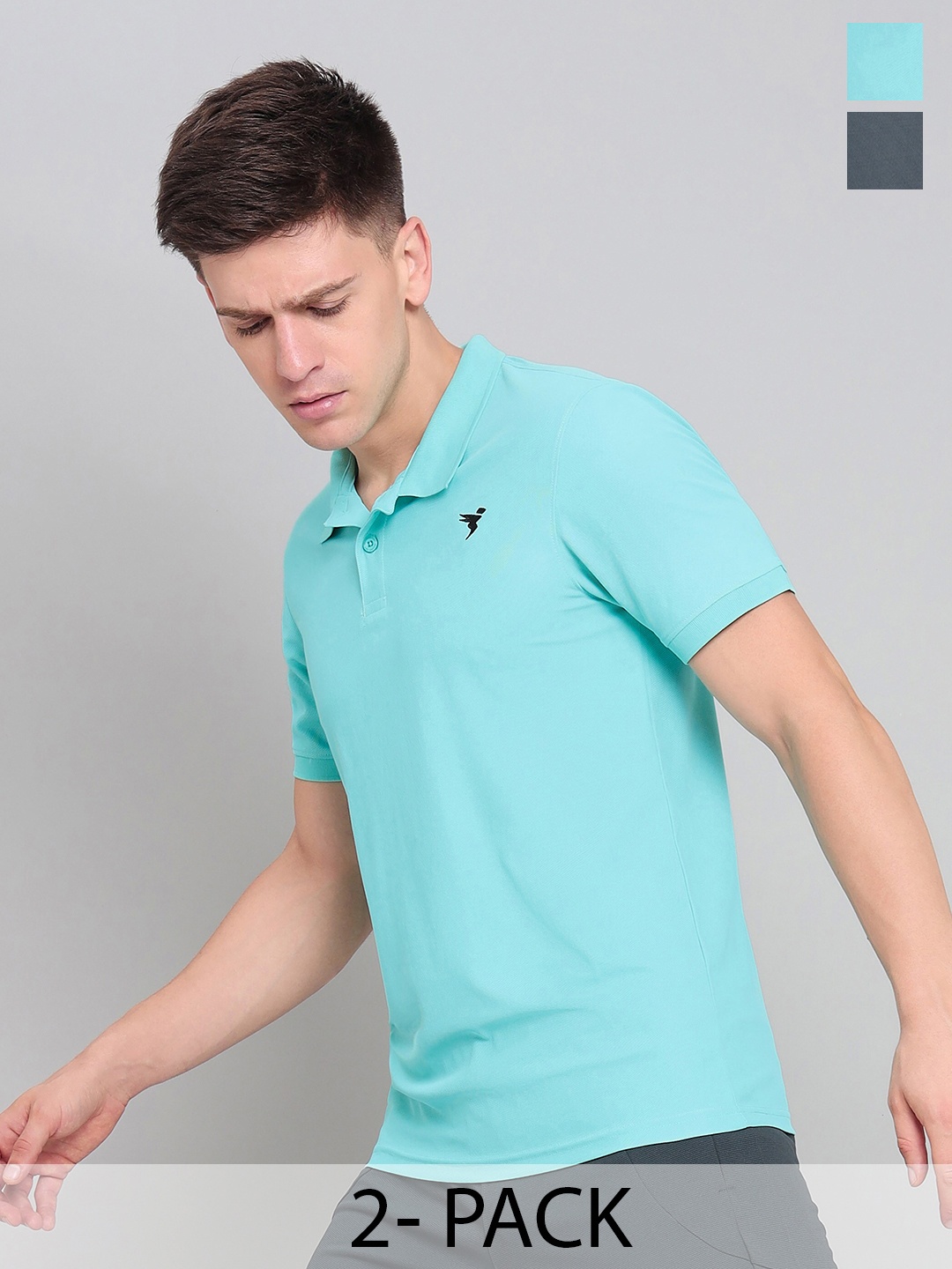 

Technosport Pack of 2 Polo Collar Antimicrobial Slim Fit Sports T-shirts, Blue