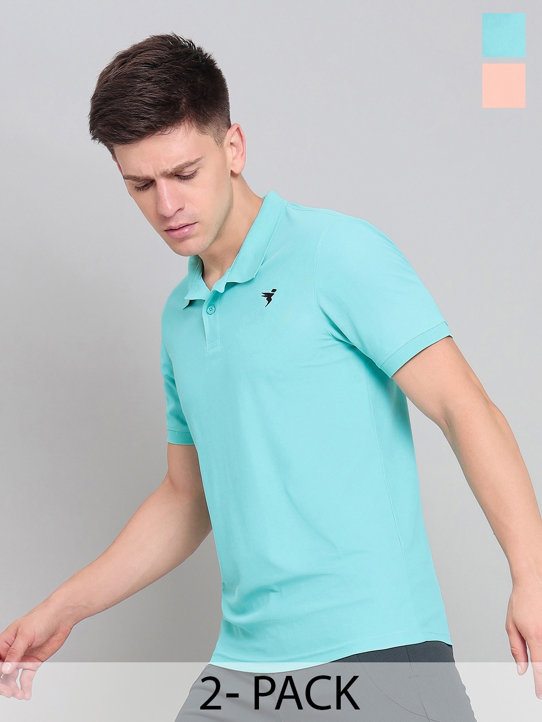 

Technosport Pack of 2 Polo Collar Antimicrobial Slim Fit Sports T-shirts, Blue