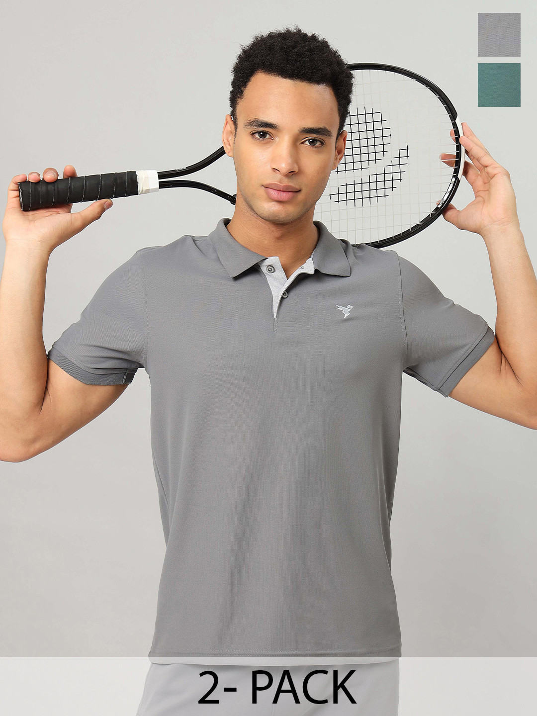 

Technosport Pack of 2 Polo Collar Antimicrobial Slim Fit Sports T-shirts, Grey