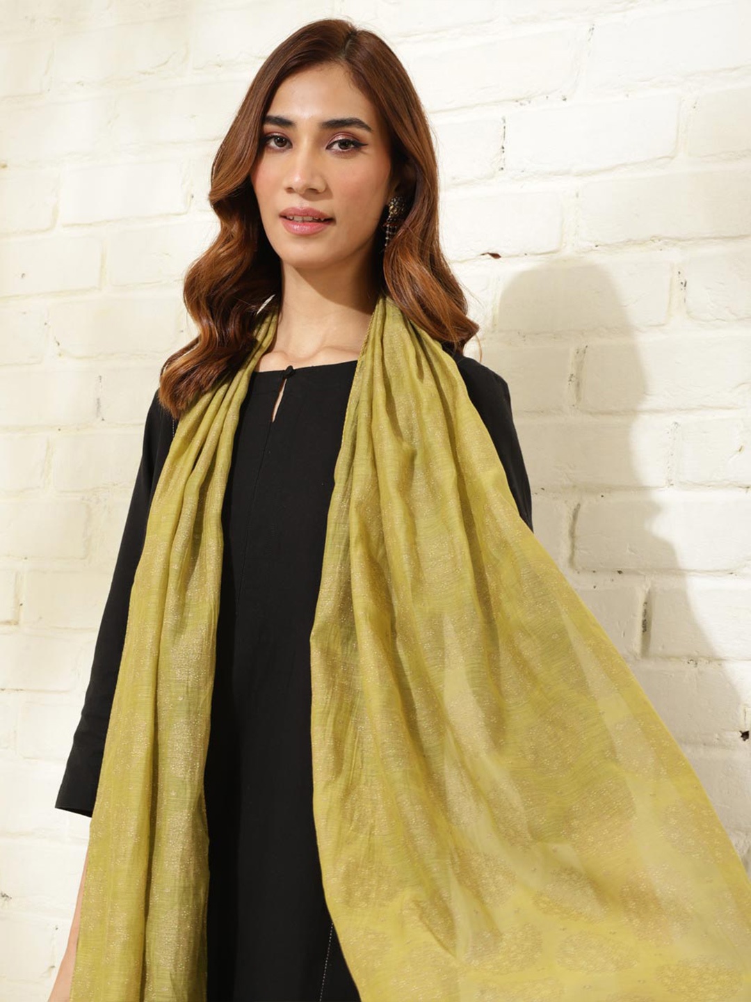 

Fabindia Ethnic Motif Printed Cotton Silk Stole, Olive