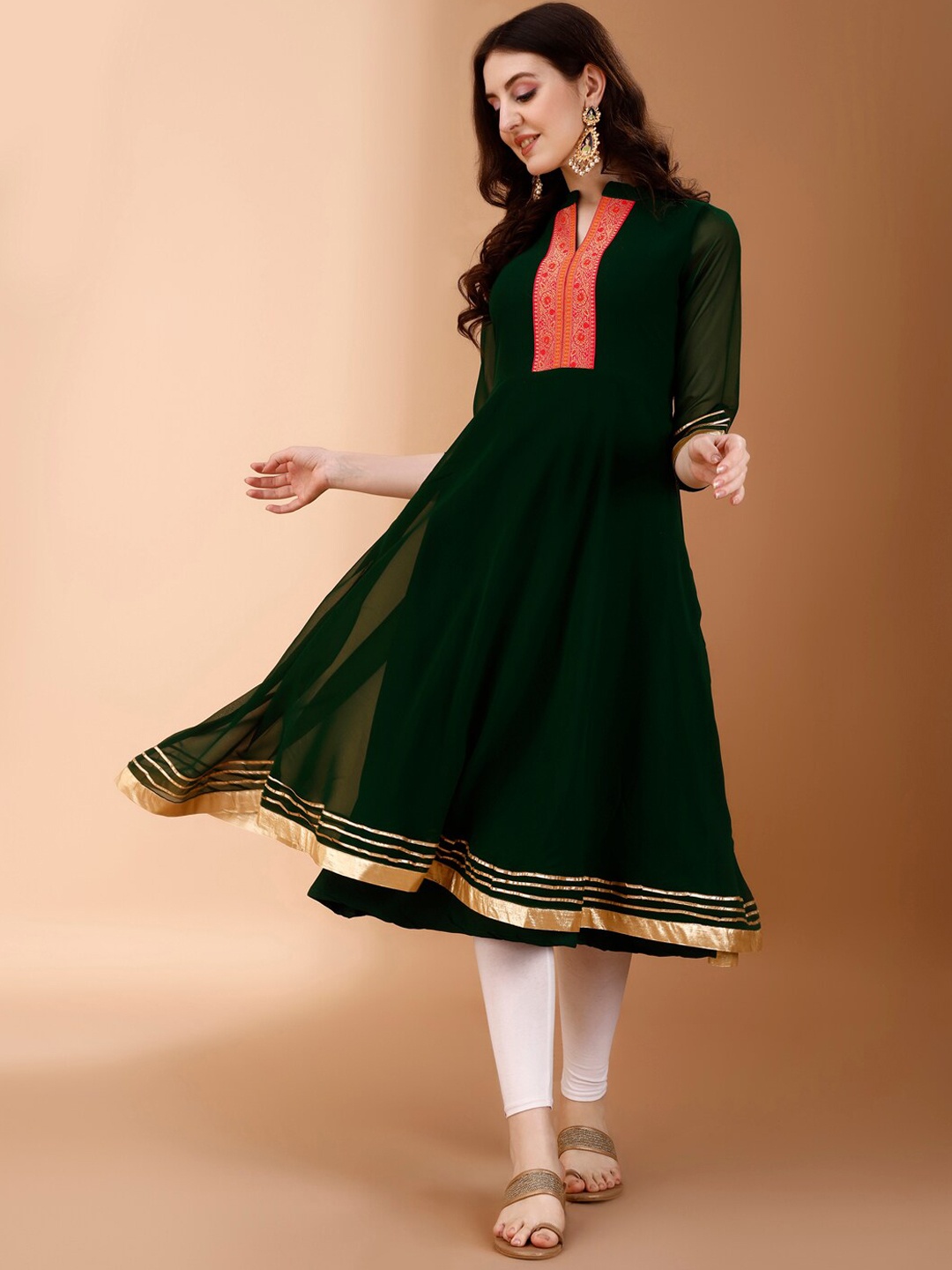 

GORGONE Ethnic Motifs Yoke Design Mandarin Collar Georgette A-Line Kurta, Green