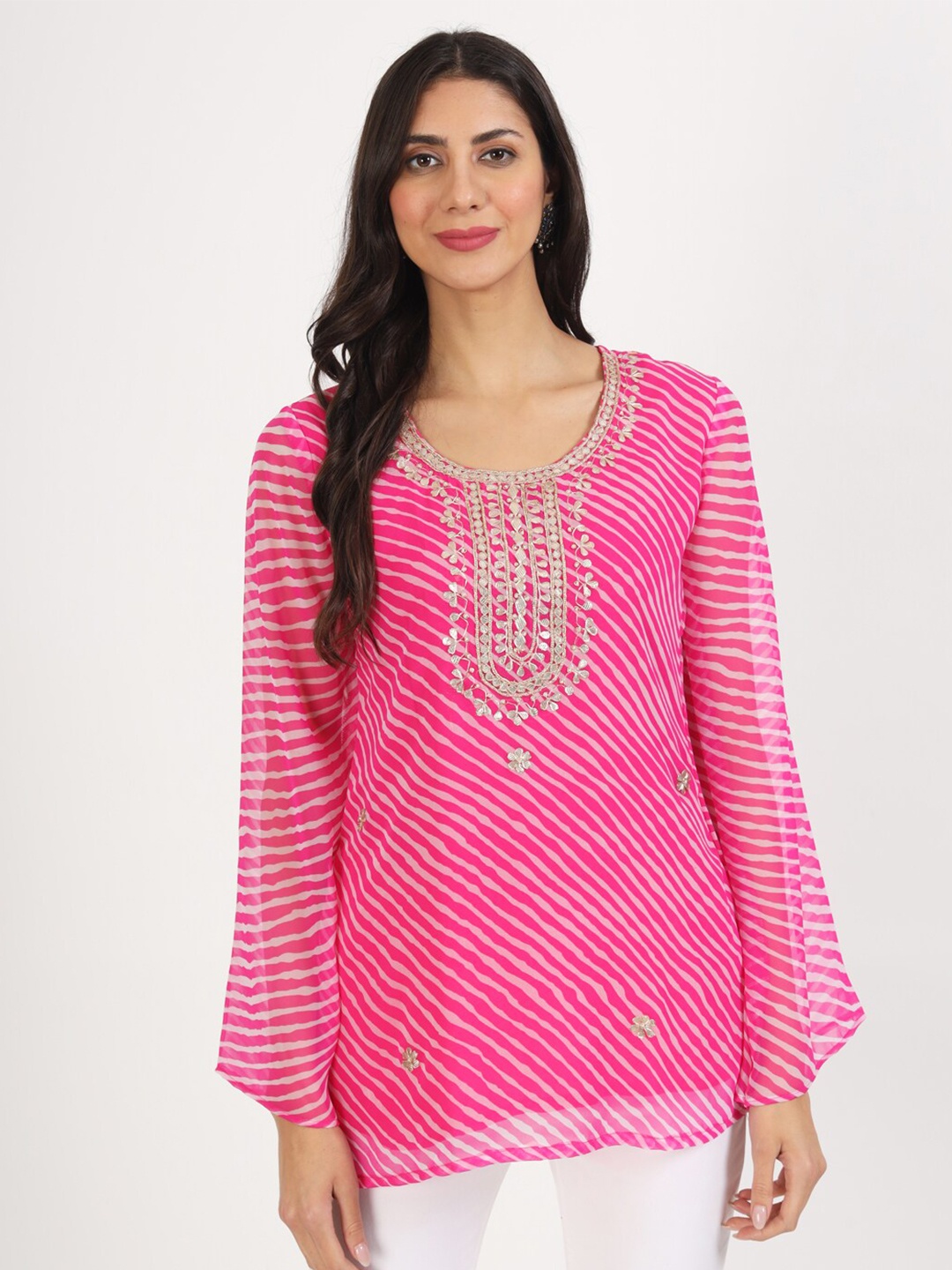 

KALINI Leheriya Printed Gotta Patti Kurti, Pink