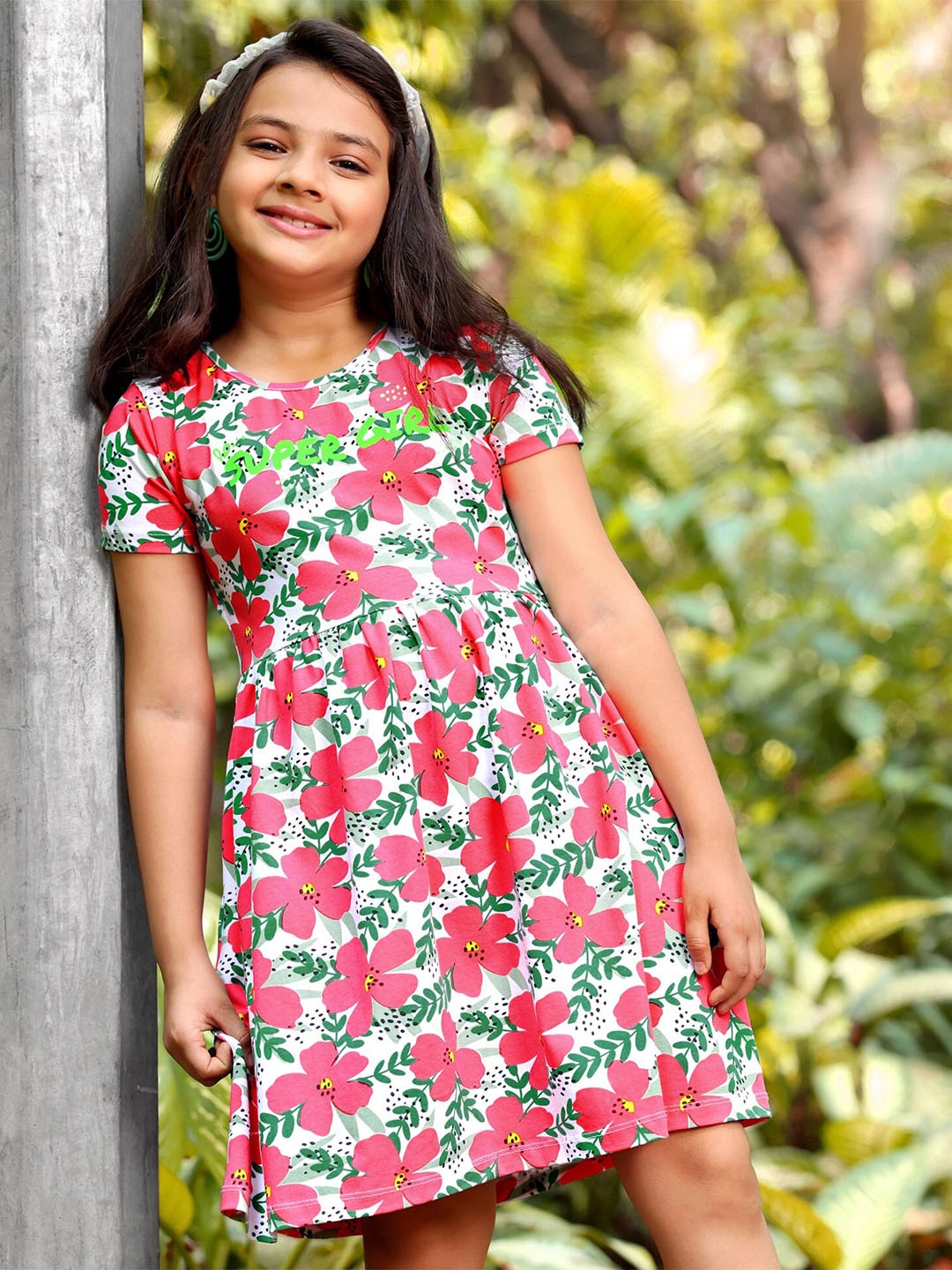 

Hola Bonita Girls Floral Printed Pure Cotton A-Line Dress, Pink