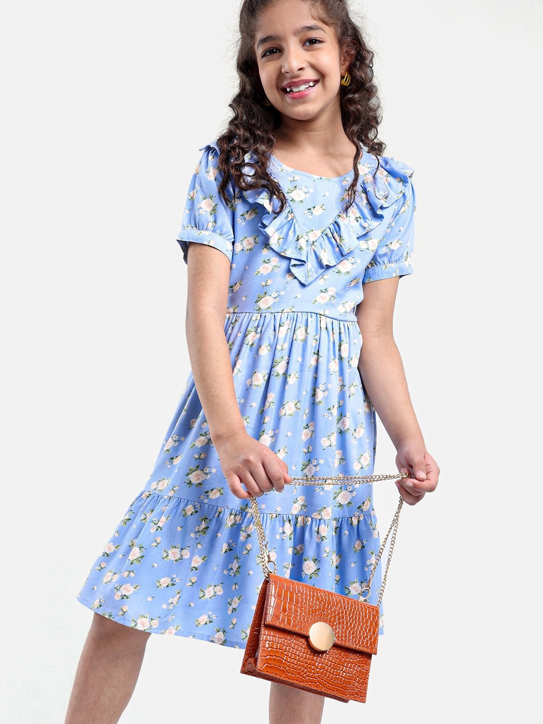 

Hola Bonita Girls Floral Printed Ruffles Tiered A-Line Dress, Blue