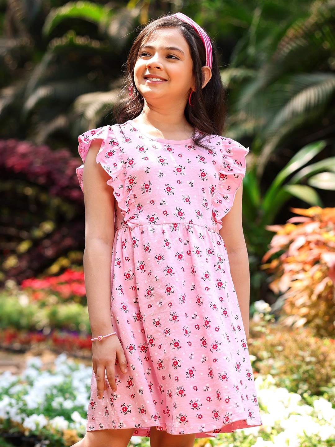 

Hola Bonita Girls Floral Printed Flutter Sleeve Pure Cotton A-Line Dress, Pink