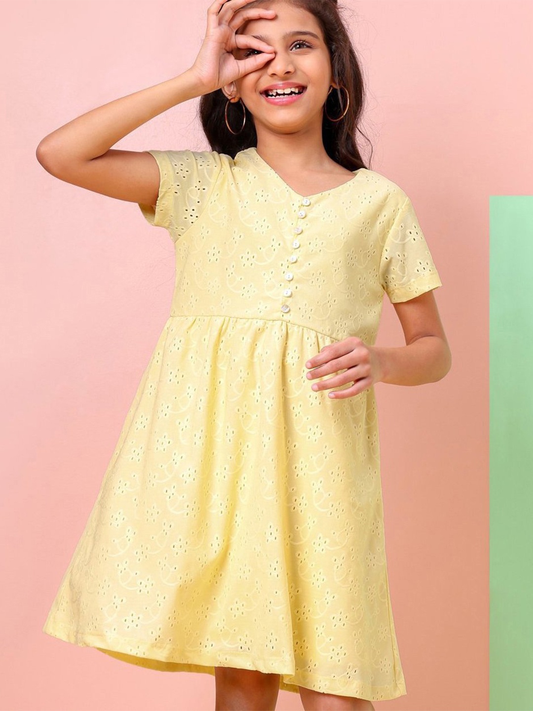 

Hola Bonita Girls Floral Self Design Schiffli A-Line Dress, Yellow