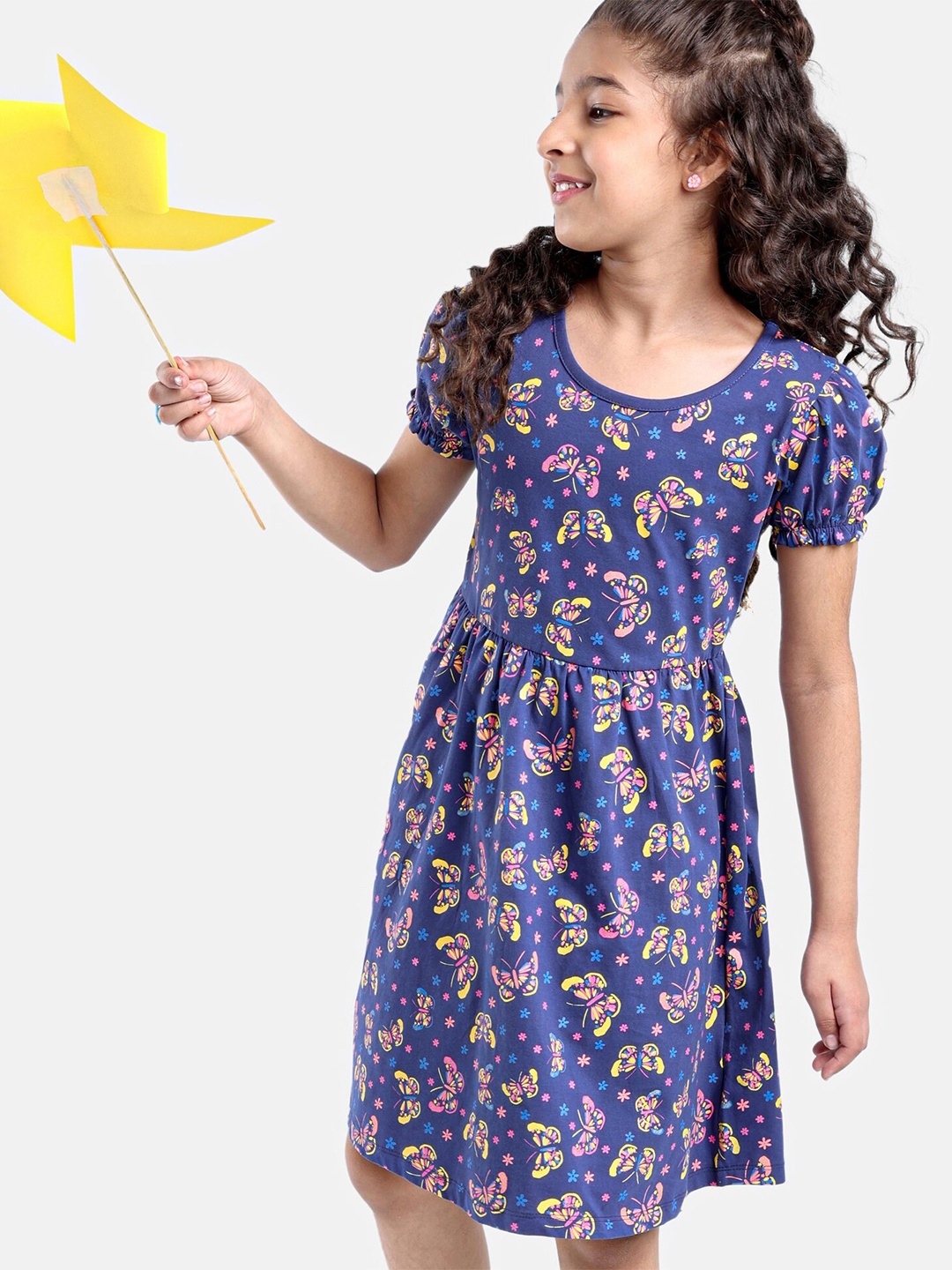 

Hola Bonita Girls Butterfly Printed Pure Cotton A-Line Dress, Navy blue