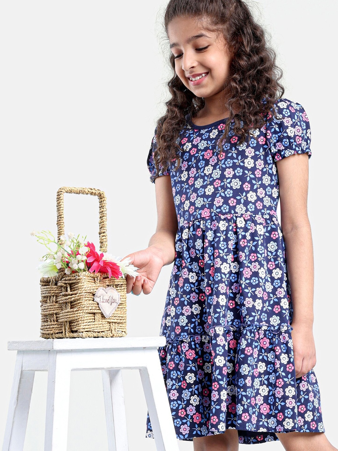 

Hola Bonita Floral Printed Pure Cotton Fit & Flare Dress, Navy blue